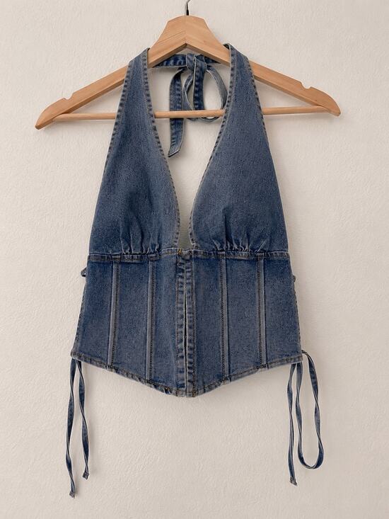 Windsor Tops - Windsor Denim Halter Corset Top Lace Up Sz S Y2K Hook Eye Jean Bustier Coquette